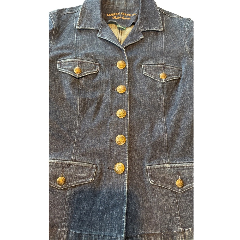 Lauren Ralph Lauren Denim Jacket Dark Wash Gold Crested Button Military Womens M - Picture 6 of 10